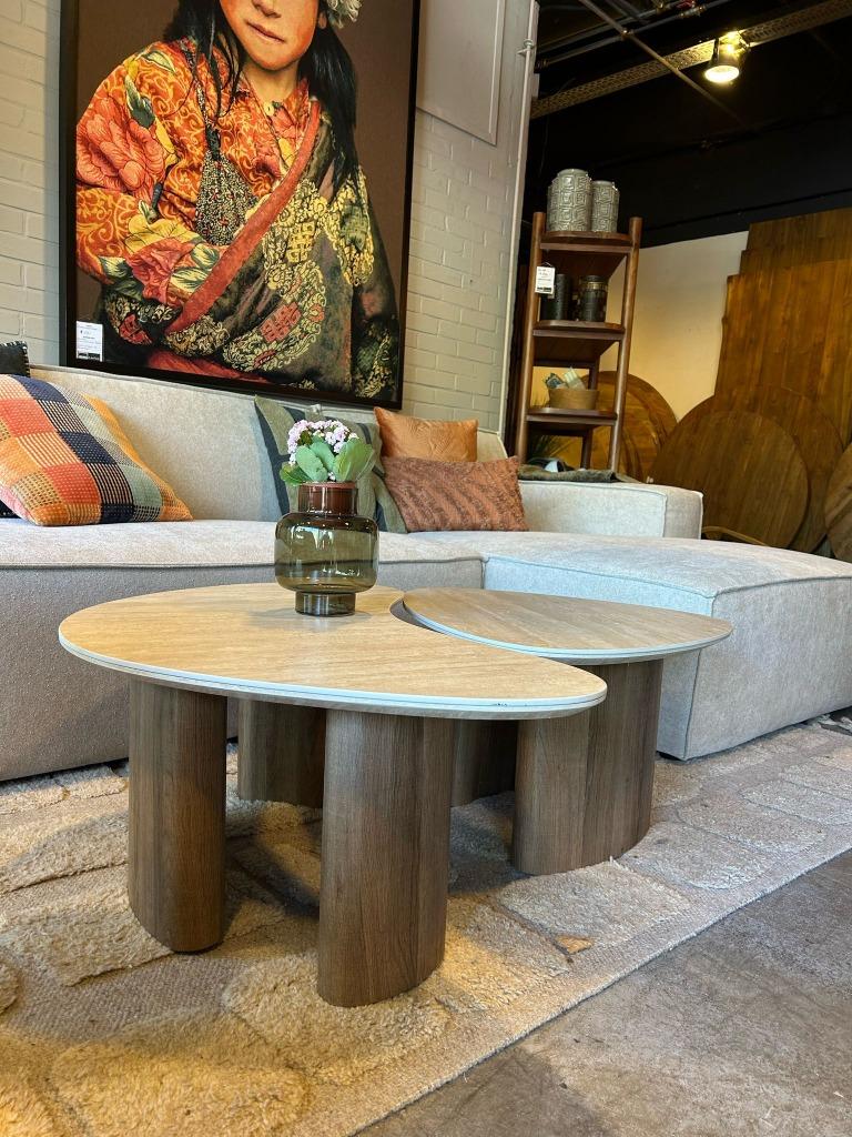 Salontafel Travertin keramiek set van 2 organisch, travertin, 50 tot 100 cm, Verzenden, Rond, Nieuw