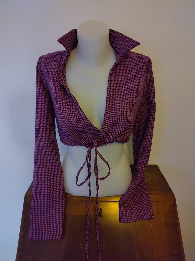 Vintage blouse, geruit paars-zwarte, pied de poule, M, Maat 38/40 (M), Zara, Paars, Ophalen of Verzenden