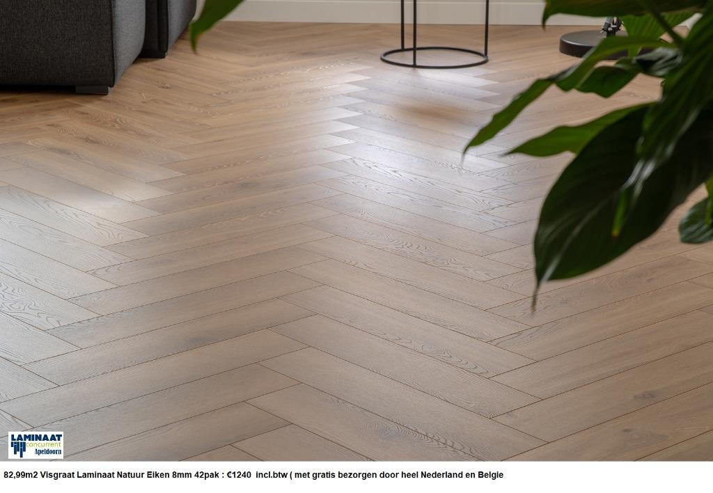 82,99m2 Visgraat Laminaat Natuur Eiken 8mm 42pak : €1240, Bruin, 75 m² of meer, Nieuw, Ophalen of Verzenden