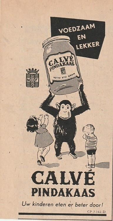 Retro reclame 1951 Calvé pindakaas jongetje beetje bang, Verzenden, Overige typen