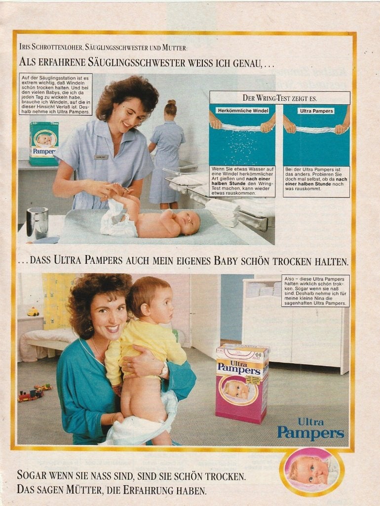 Retro reclame 1988 Pampers baby luiers ook voor haar baby, Verzamelen, Verzenden, Overige typen