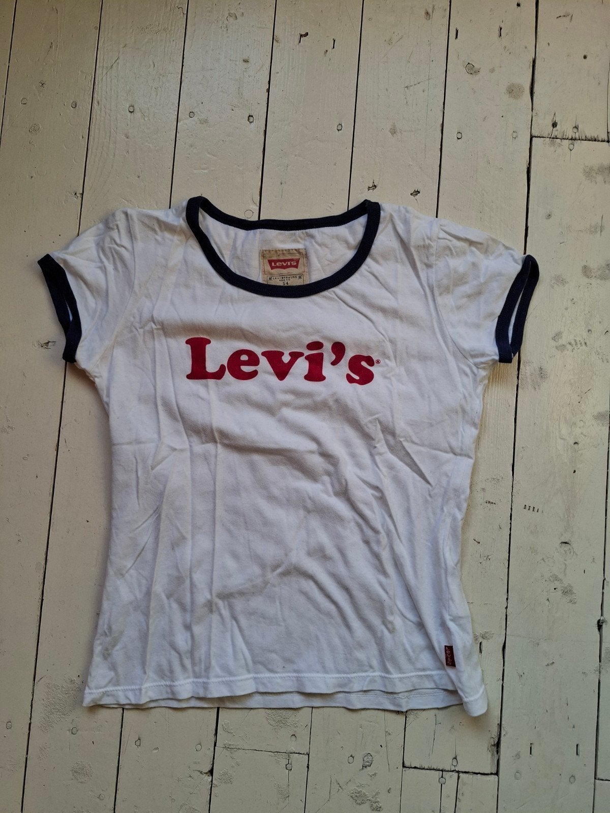 Vintage Levi's T-shirt wit met rood en blauw, maat 14, Maat 38/40 (M), Wit, Ophalen of Verzenden, Zo goed als nieuw