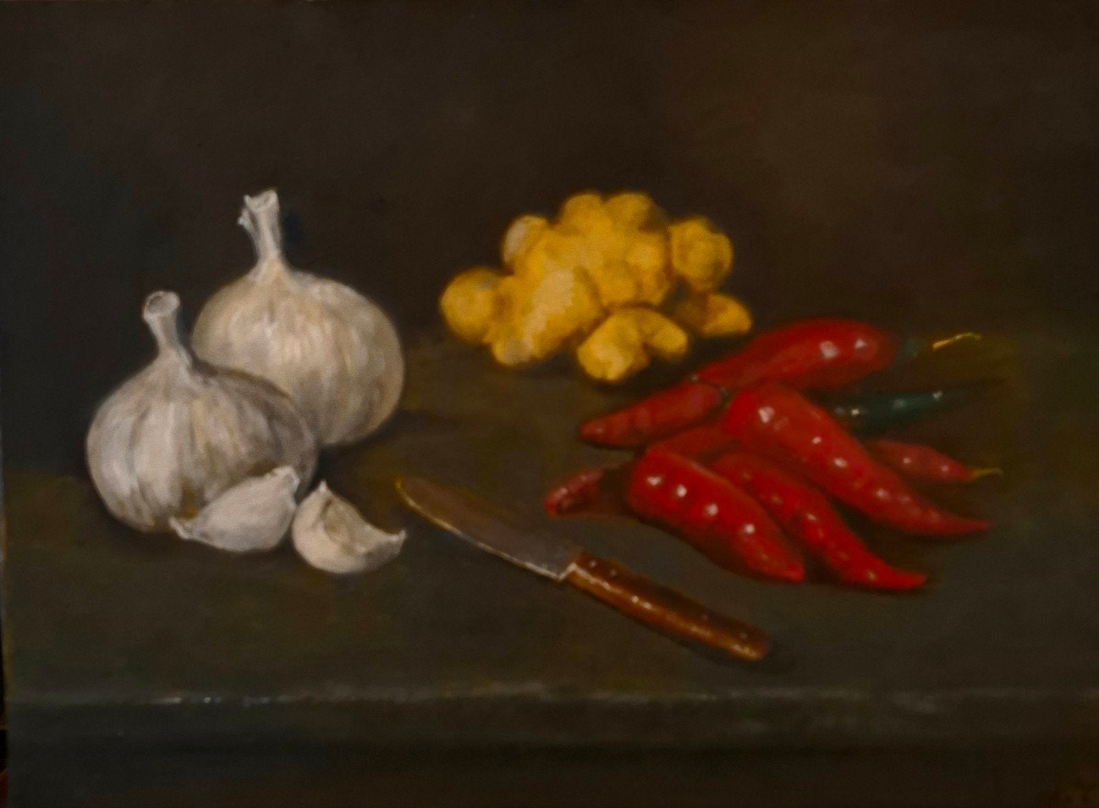 stilleven knoflook, gember, pepers 30x40 cm, Ophalen of Verzenden