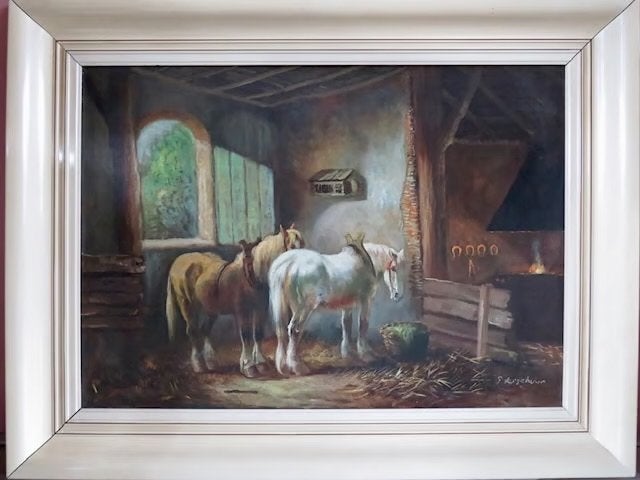 Groot schilderij paarden in stal, gesigneerd P. Verschuur, Doek, Dieren, Ophalen of Verzenden, Gesigneerd