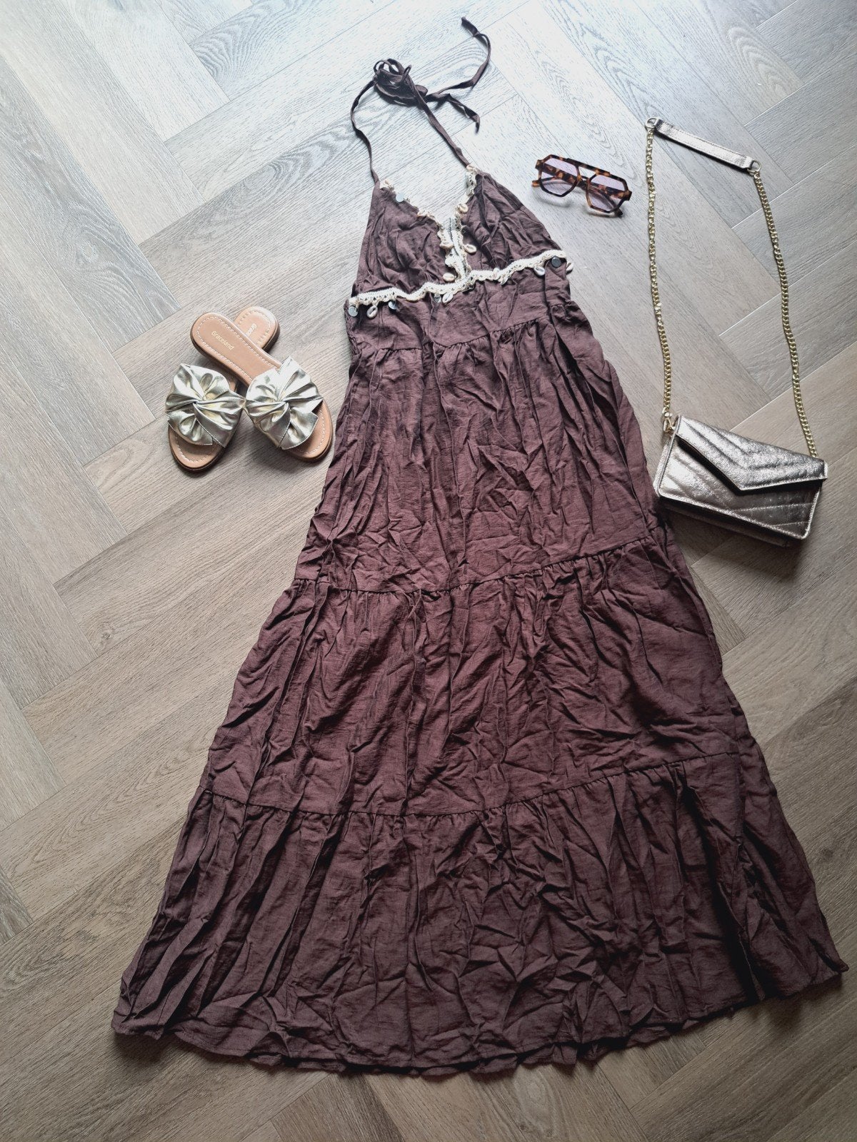 Prachtige nieuwe boho Ibiza lange zomerjurk M/L bruin, Bruin, Maat 42/44 (L), Nieuw, Ophalen of Verzenden
