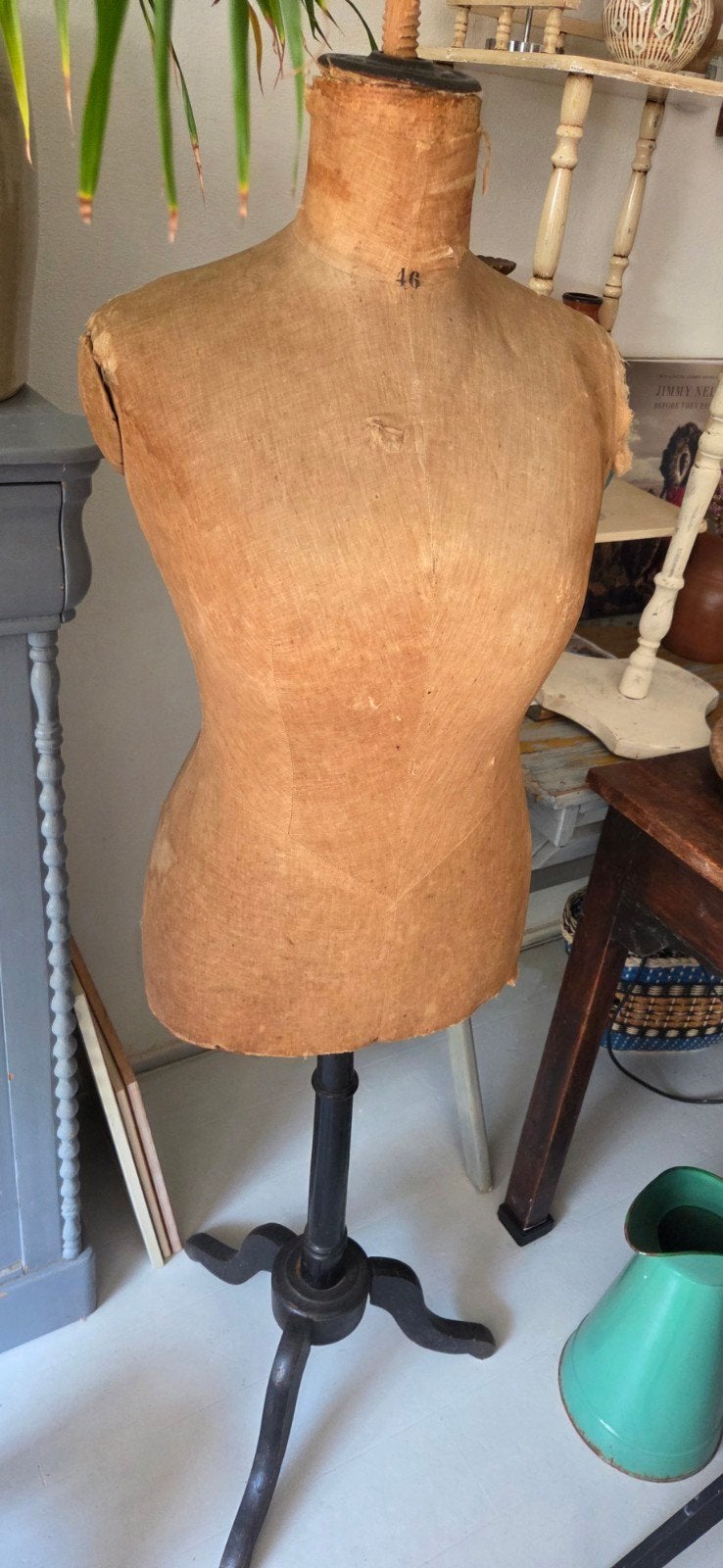 Brocante antieke Franse paspop mannequin zwarte houten voet, Ophalen