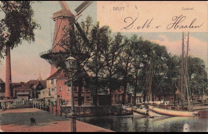 Delft Zuidwal met molen & zeilschepen 1904 Koster Herv Kerk, Verzenden, Voor 1920, Gelopen, Zuid-Holland
