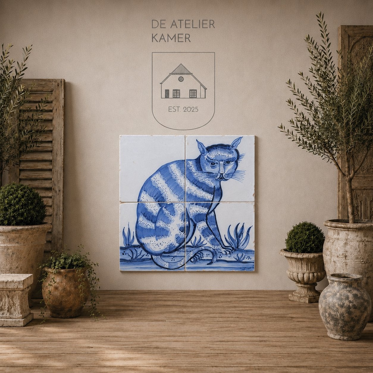 Vintage Delfts blauw tegeltableau met kat – eind 19e eeuw, Ophalen of Verzenden