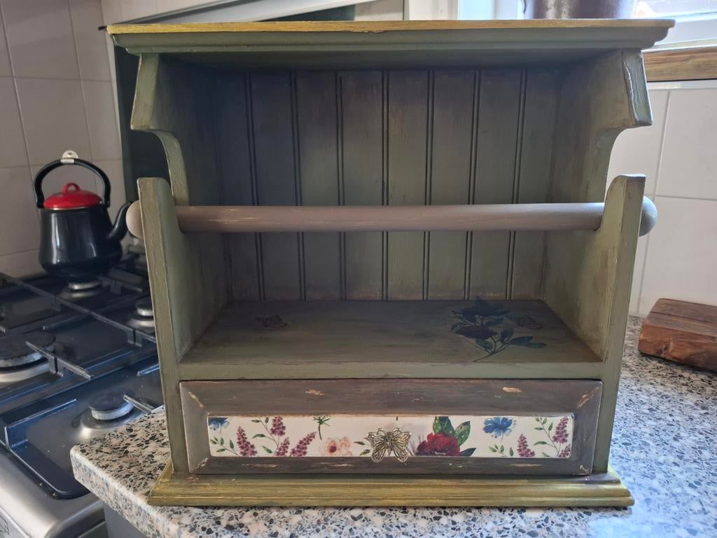 Decoratieve Keukenrolhouder met Lade - Groen & Bloemen, Huis en Inrichting, Keuken | Keukenbenodigdheden, Hout, Ophalen of Verzenden