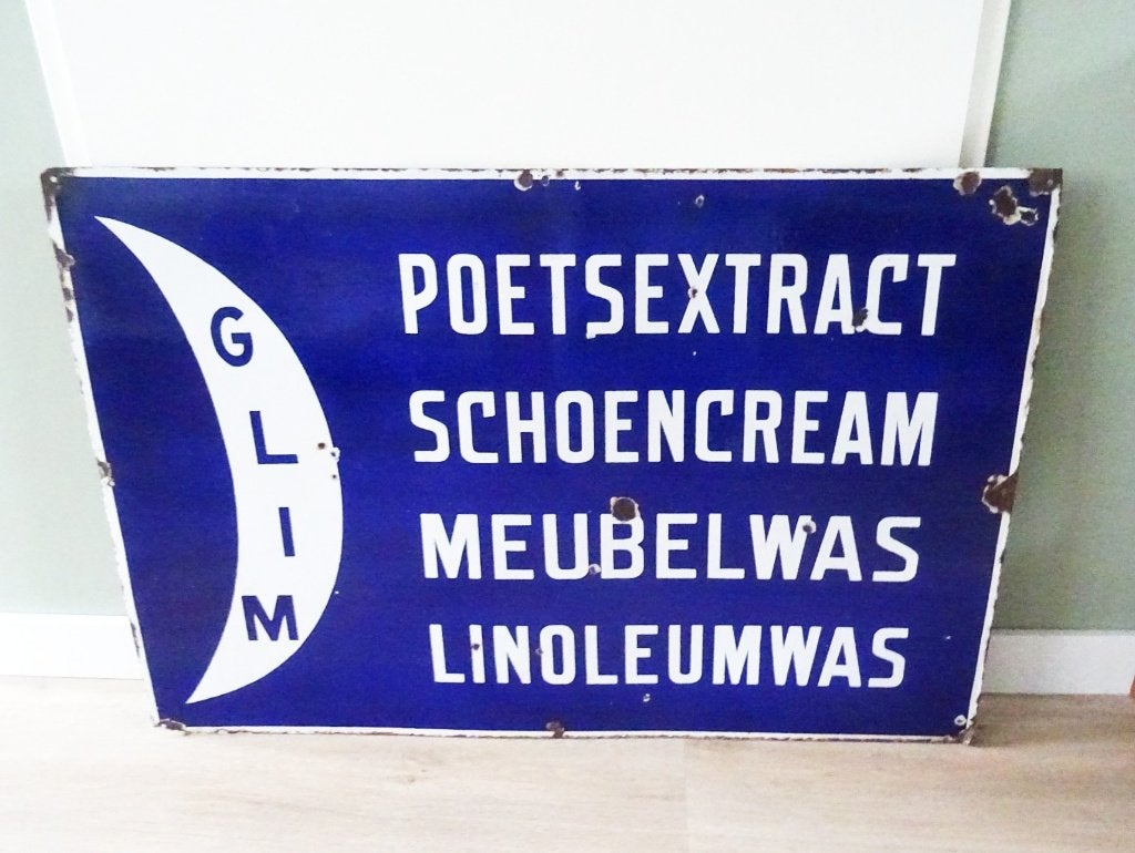 Glim poetsmiddelen Emaille Reclamebord, Verzamelen, Ophalen, Gebruikt, Reclamebord