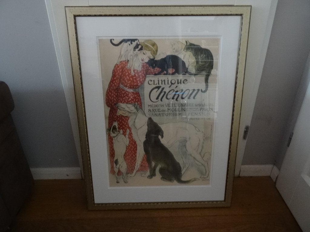 Grote oude affiche Art Nouveau met poezen en honden, Ophalen, Met lijst, Zo goed als nieuw, A1 t/m A3
