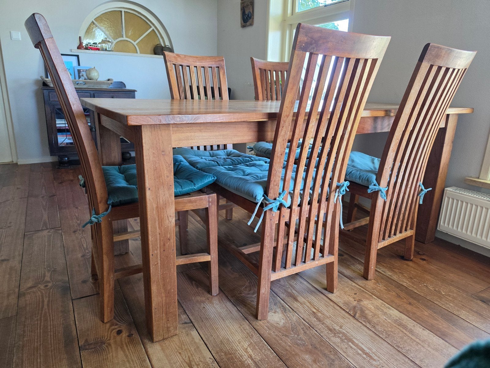 Teak eetkamertafel met 6 stoelen, Ophalen, Gebruikt, 4 tot 6 stoelen