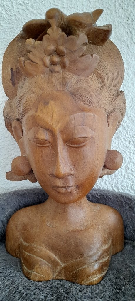 Uniek Balinees Borstbeeld Vrouw met Vogel in Haar - Vintage, Verzenden, Buste, Handgemaakt, 20 - 50 cm