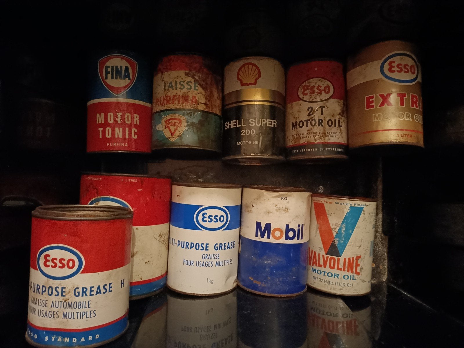 10 Olieblikken van diverse merken: Esso, Shell, Fina, Mobil, Verzamelen, Overige Verzamelen, Ophalen of Verzenden, Gebruikt