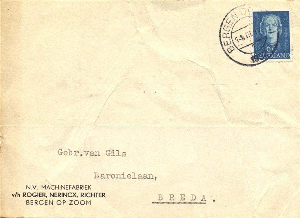 v/h Rogier, Nerincx, Richter, Bergen op Zoom - 03.1952 - bri, Ophalen of Verzenden, Briefkaart