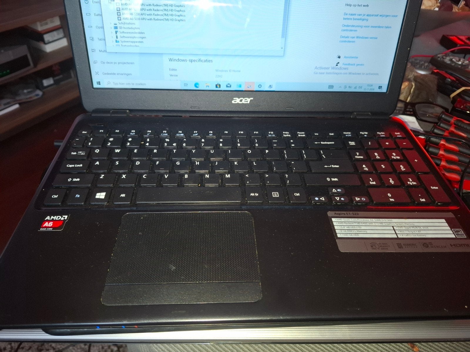 Acer Aspire E1-522 Laptop - AMD A6, 8GB RAM, 1TB HDD, Ophalen, Gebruikt, 2 tot 3 Ghz, AMD A6-5200