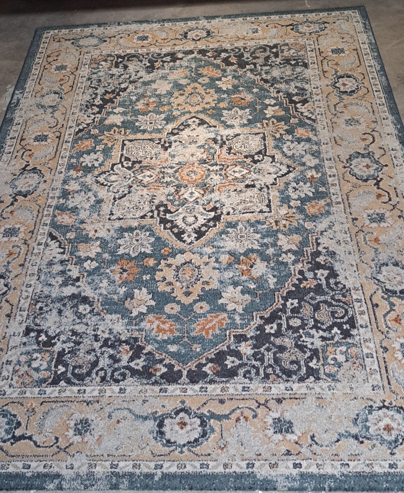 Vintage Vloerkleed - Blauw, Beige, Oranje - Gebruikt, Huis en Inrichting, Ophalen, Gebruikt, 200 cm of meer, Zwart