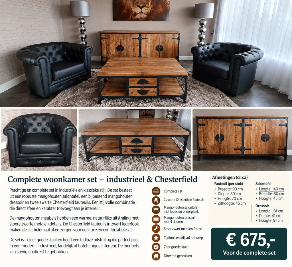 Woonkamerset mangohout + 2 Chesterfield fauteuils – €675, Huis en Inrichting, Ophalen