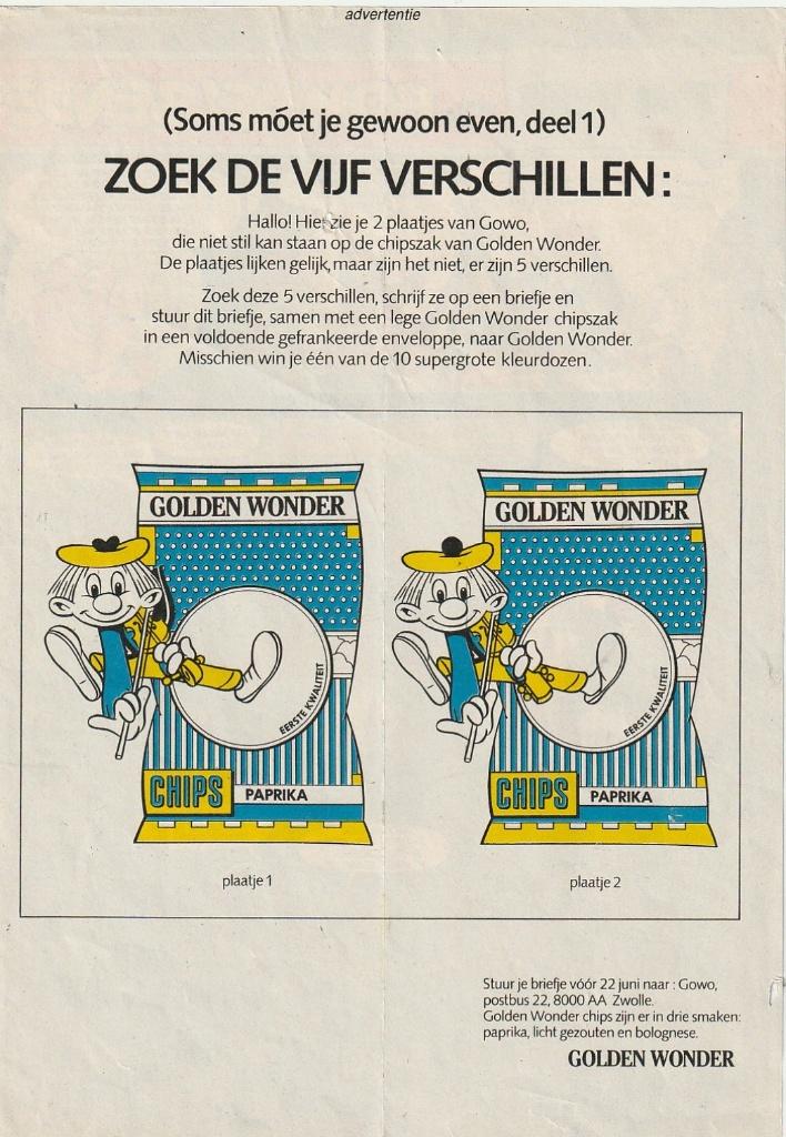 Retro reclame 1986 Golden Wonder chips de vijf verschillen, Verzenden, Overige typen