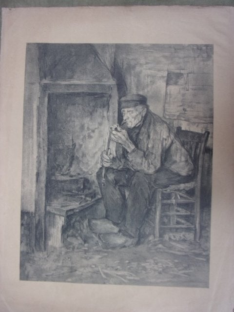 Rinke, Jan - Boer met pijp bij de haard. Grote Litho ca.1910