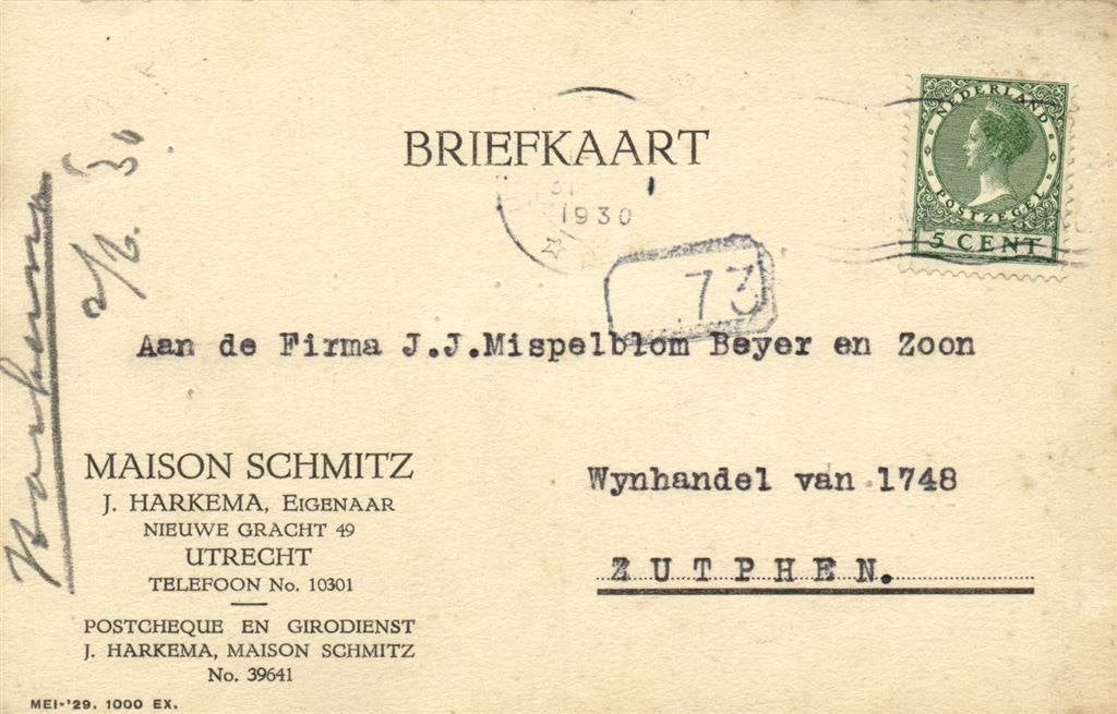 Maison Schmitz, Utrecht - 05.1930 - briefkaart, Ophalen of Verzenden, Briefkaart