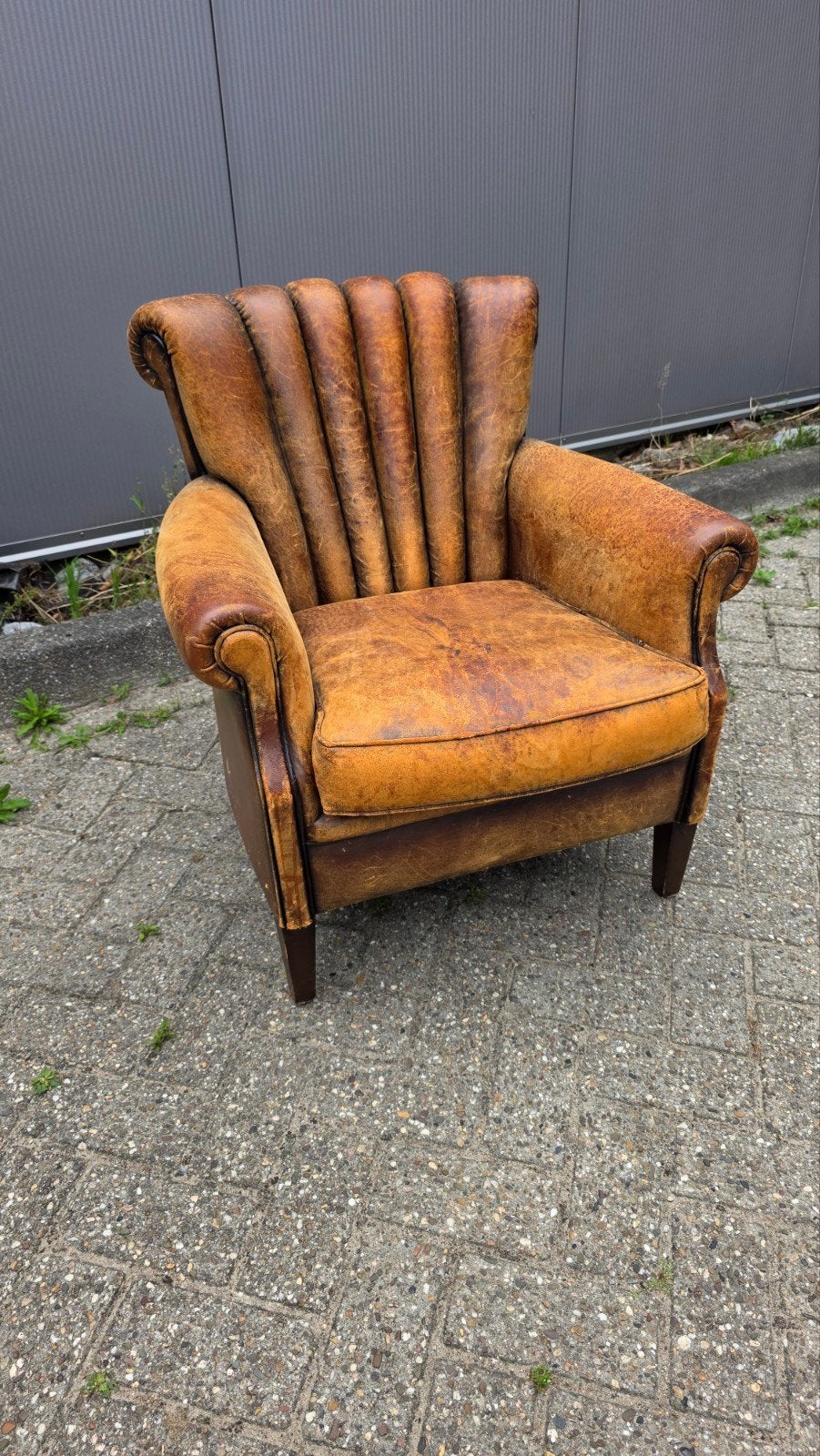 antieke Engelse schapenlederen fauteuil, Ophalen
