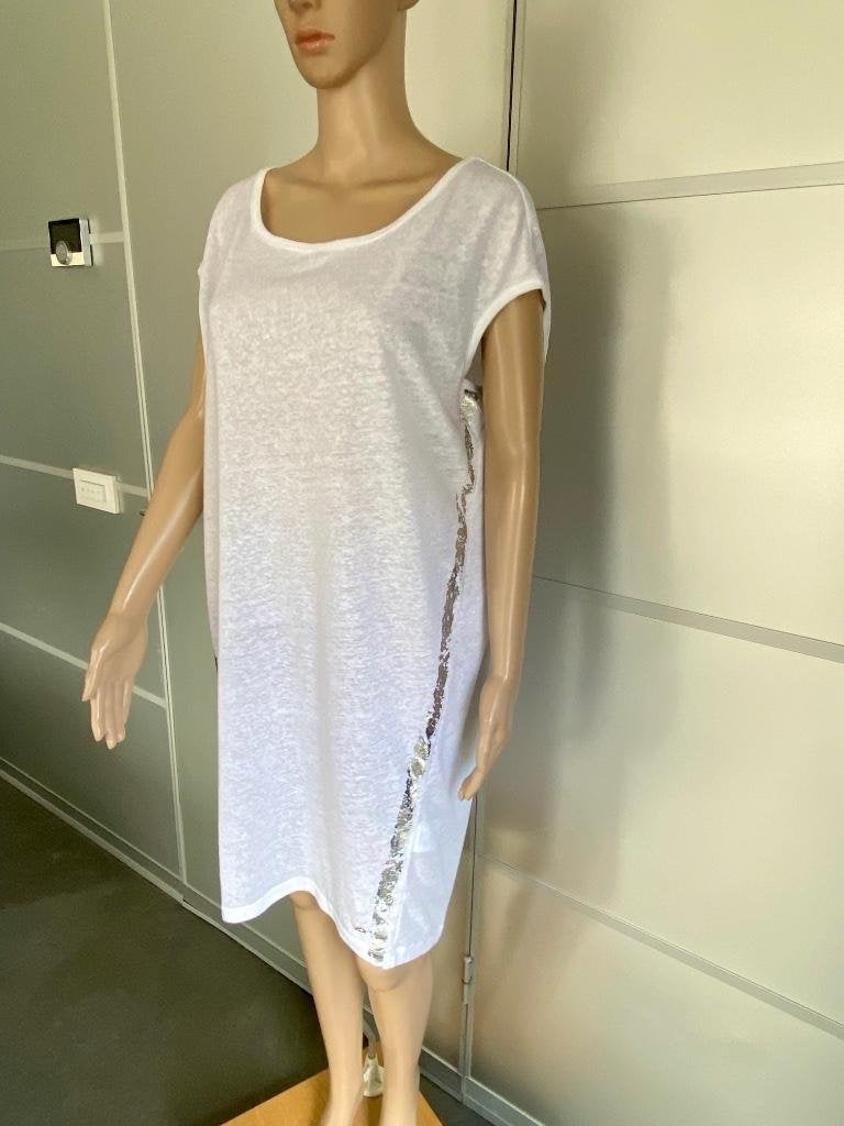 J364 2Morrow maat L=42/44 linnen jurk tuniek wit, Kleding | Dames, Wit, Maat 42/44 (L), Ophalen of Verzenden, Knielengte