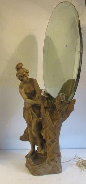 art nouveau terra cotta vrouw baadster met spiegel, Antiek en Kunst, Ophalen
