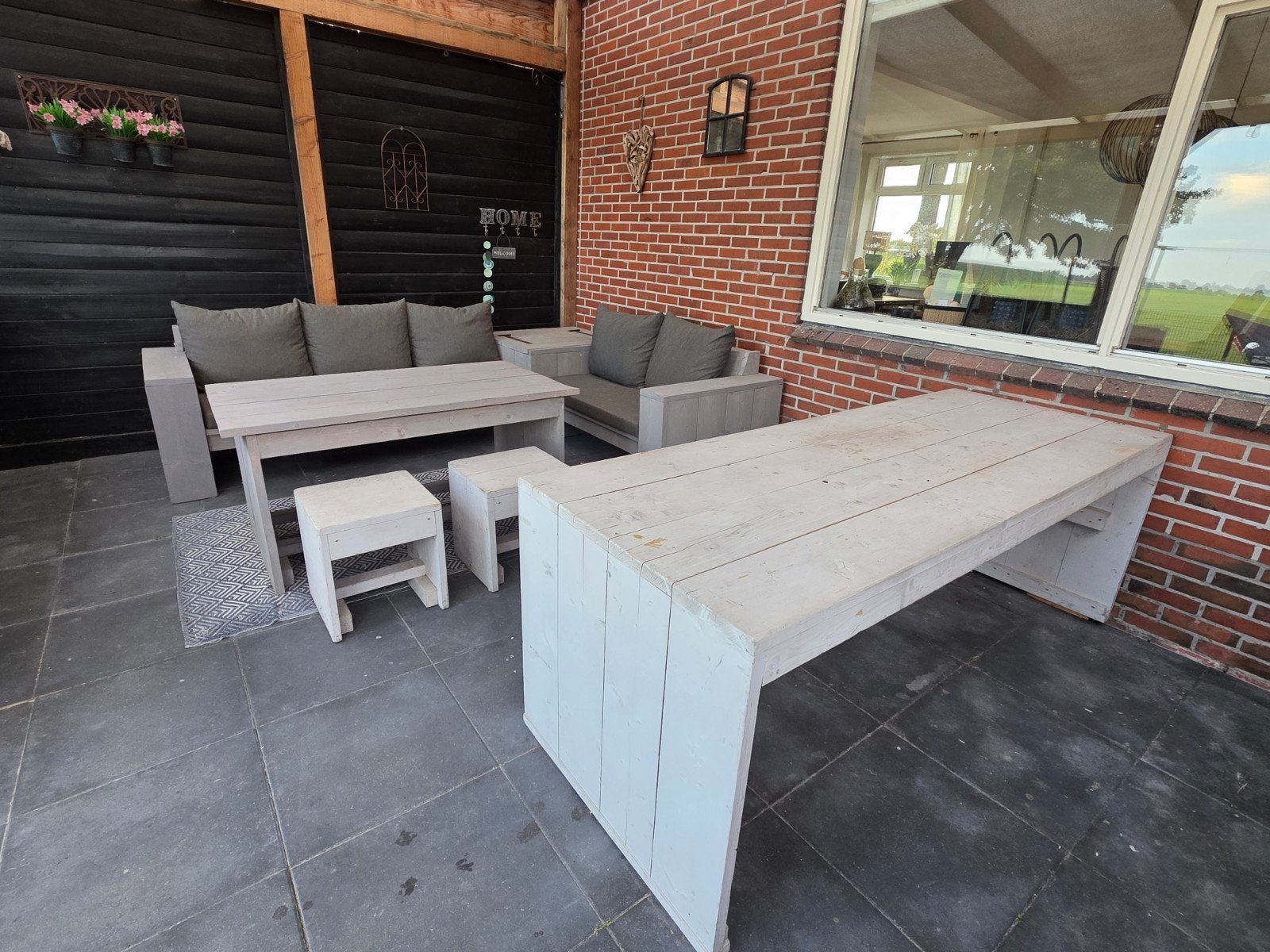 Steigerhouten loungeset compleet met kussens, Gebruikt, Bank, Steigerhout, Ophalen of Verzenden