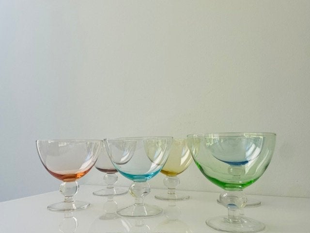 Set van 6 vintage coupeglazen multicolor mondgeblazen glas, Ophalen of Verzenden