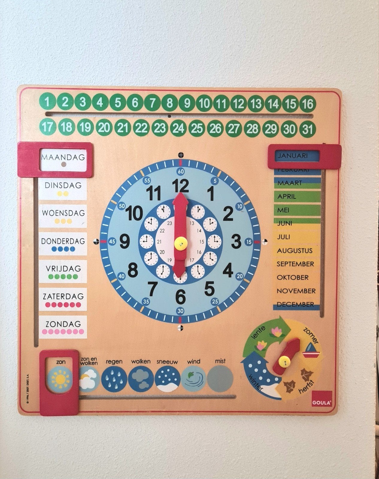 Grote Goula Houten Kalenderklok Leerklok, Ophalen of Verzenden, Gebruikt, Taal en Lezen