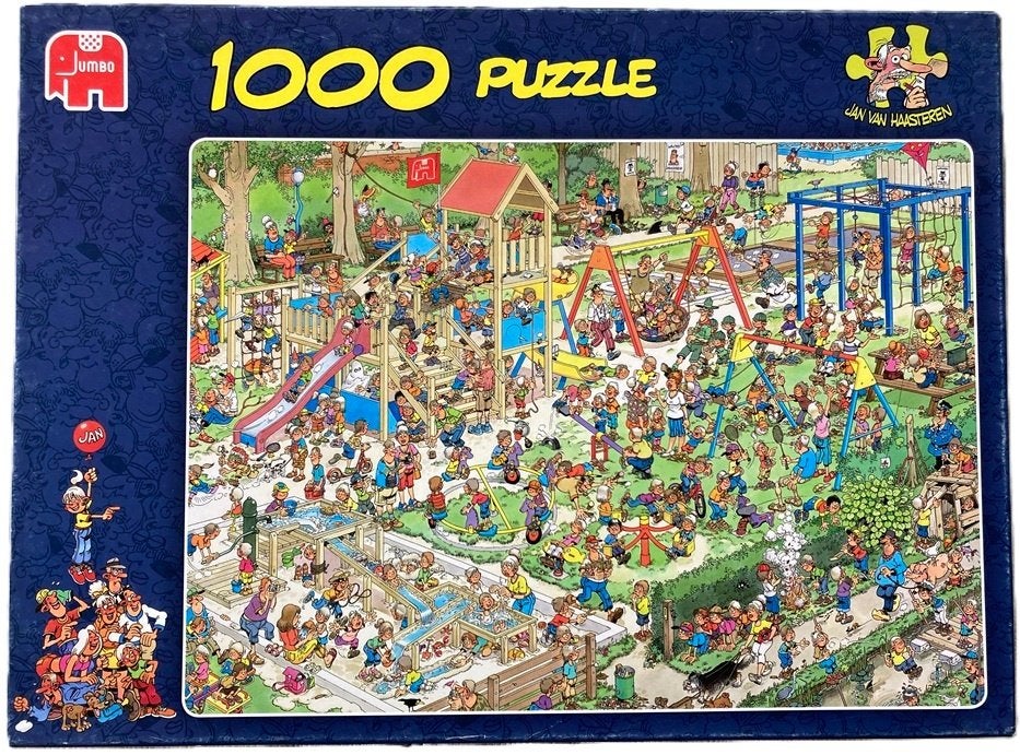 PUZZEL JAN VAN HAASTEREN DE SPEELTUIN 1000 STUKJES, Ophalen of Verzenden, 500 t/m 1500 stukjes, Zo goed als nieuw, Legpuzzel