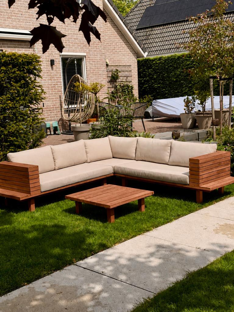 Luxe Houten Loungeset met Beige Kussens + bezorgoptie, 5 zitplaatsen, Ophalen of Verzenden, Zo goed als nieuw, Loungeset