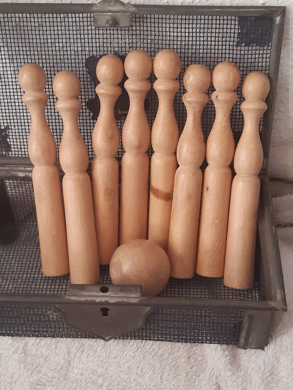 Kl houten kegeltjes+balletje ,stoer spel brocante,landelijk, Antiek en Kunst, Ophalen of Verzenden