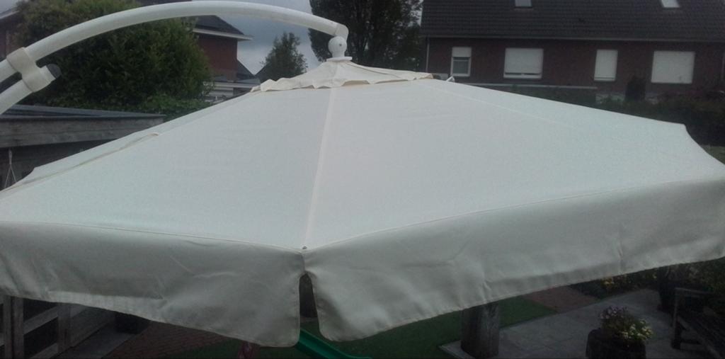 Sun Garden zweefparasol met nieuw beige doek en koord, Ophalen, Gebruikt, 3 tot 4 meter, Zweefparasol