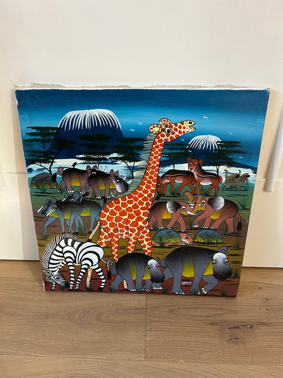 Kleurrijk Afrikaans schilderij met dieren, Antiek en Kunst, Ophalen, Overige stijlen, Doek, Dieren