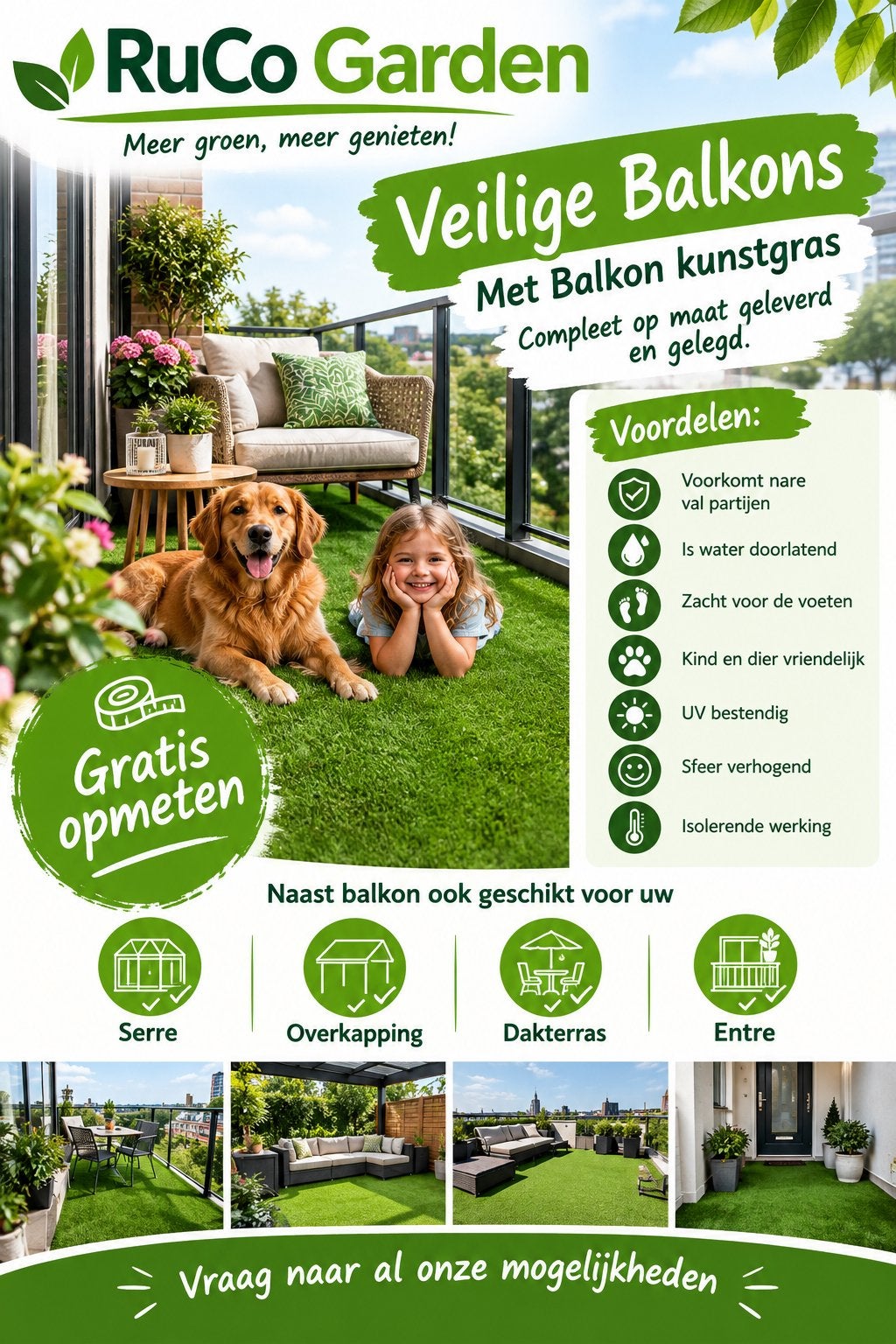 Veilig en waterdoorlatend balkon kunstgras voor kind en dier, Ophalen of Verzenden, Nieuw, Minder dan 10 m², Kunstgras