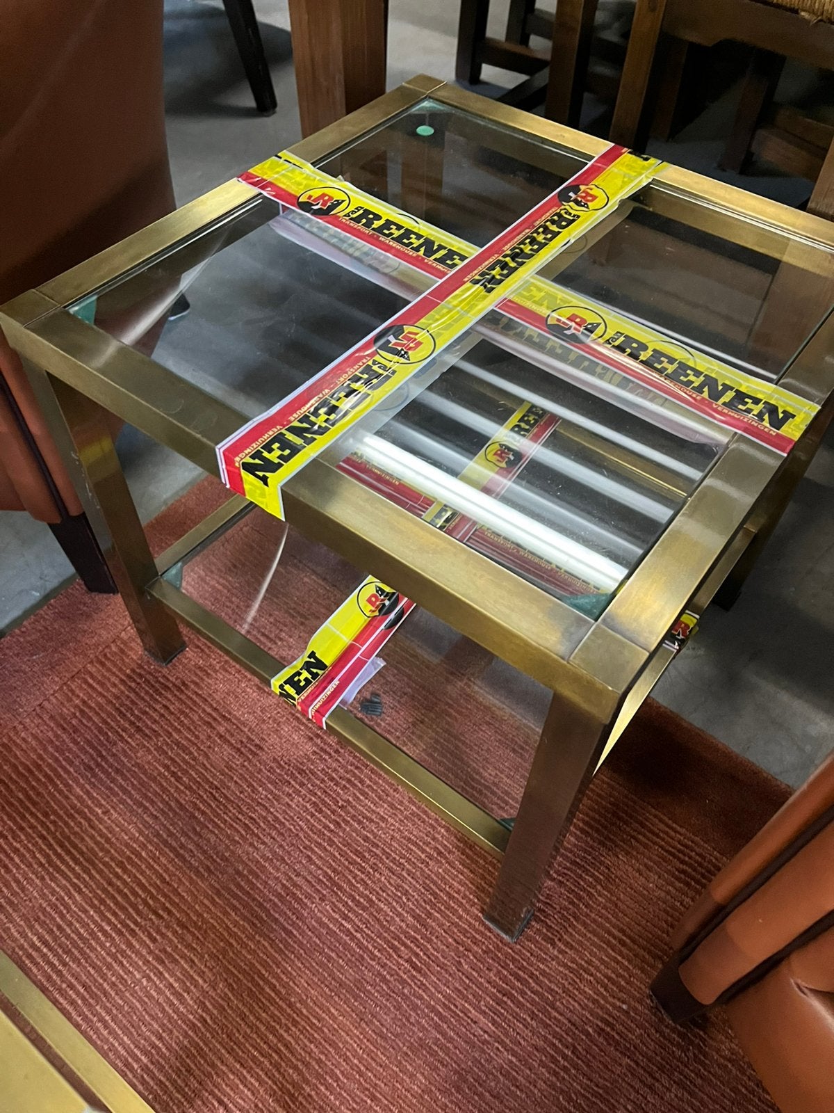 Bijzettafel glas met messing, Minder dan 55 cm, Gebruikt, Rond, Glas