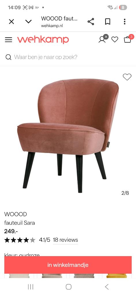 Sara fauteuil velvet oud roze van Woood, Huis en Inrichting, Fauteuils, Minder dan 50 cm, Nieuw, 75 tot 100 cm, Ophalen of Verzenden