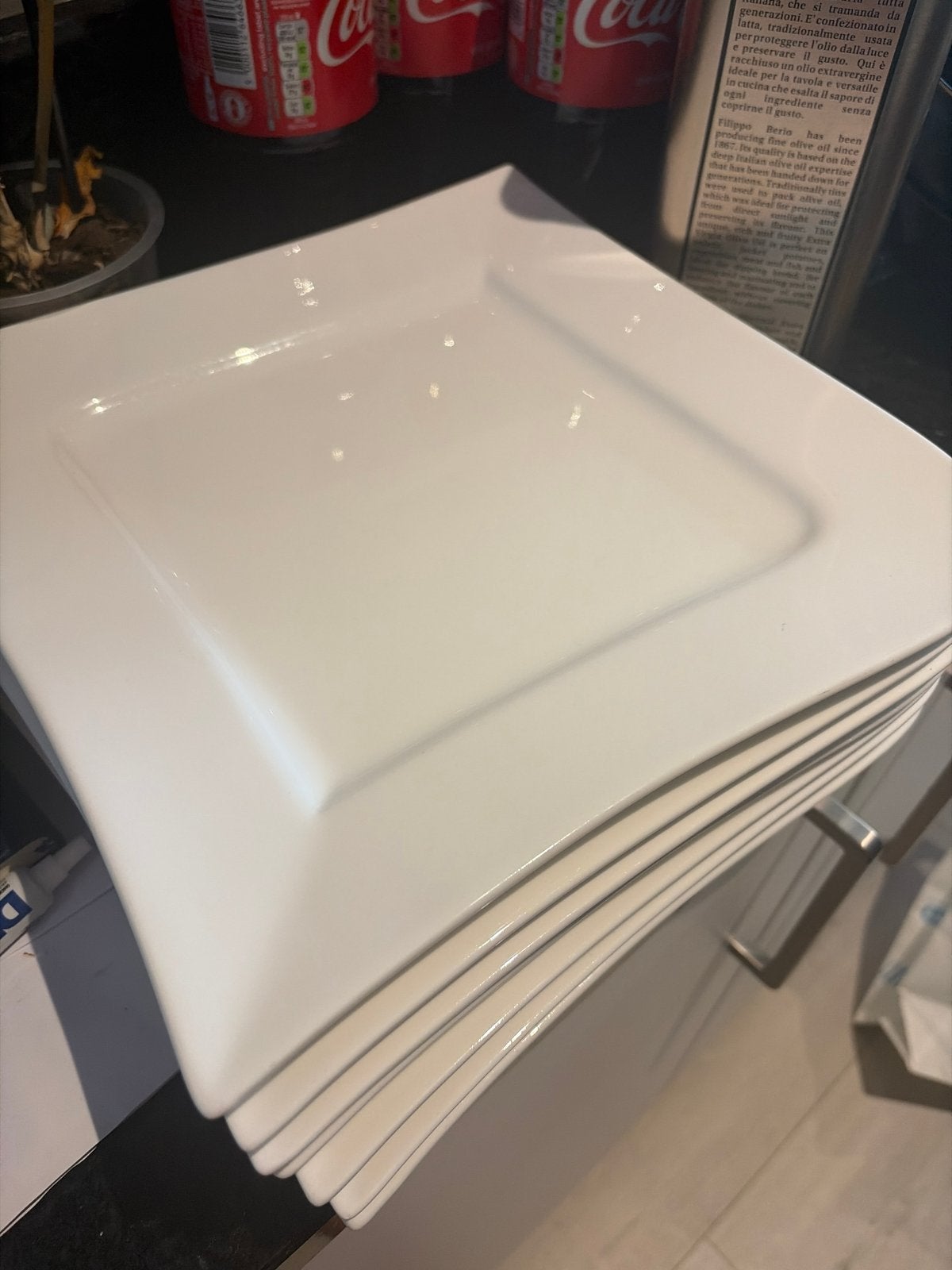 Witte vierkante borden en kommen set, Huis en Inrichting, Ophalen, Gebruikt, Keramiek, Bord(en)
