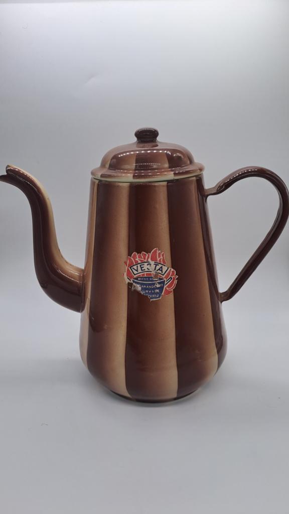 Vintage Vesta emaille koffiekan - bruin/crème spuitdecor, Antiek en Kunst, Ophalen of Verzenden