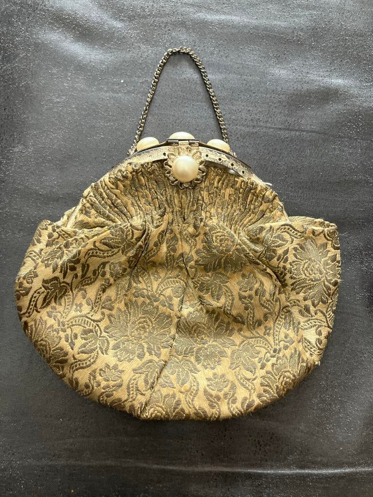 Vintage Avondtasje met Parelsluiting - Goudkleurig Brokaat, Sieraden, Tassen en Uiterlijk, Tassen | Damestassen, Ophalen of Verzenden