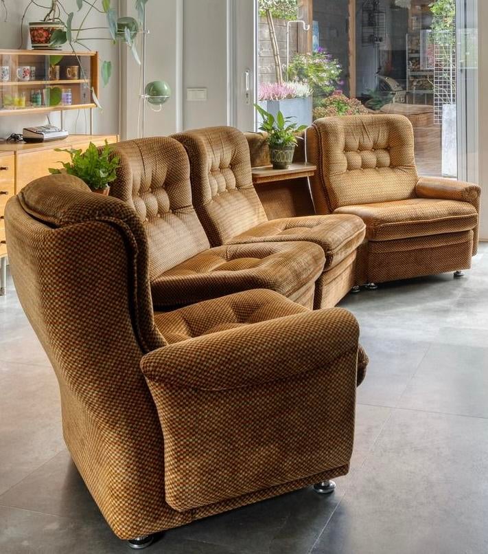 Vintage jaren 70 bruin oranje modulaire bank, met parts, Huis en Inrichting, Banken | Bankstellen, Ophalen, Overige maten, ?, Zo goed als nieuw