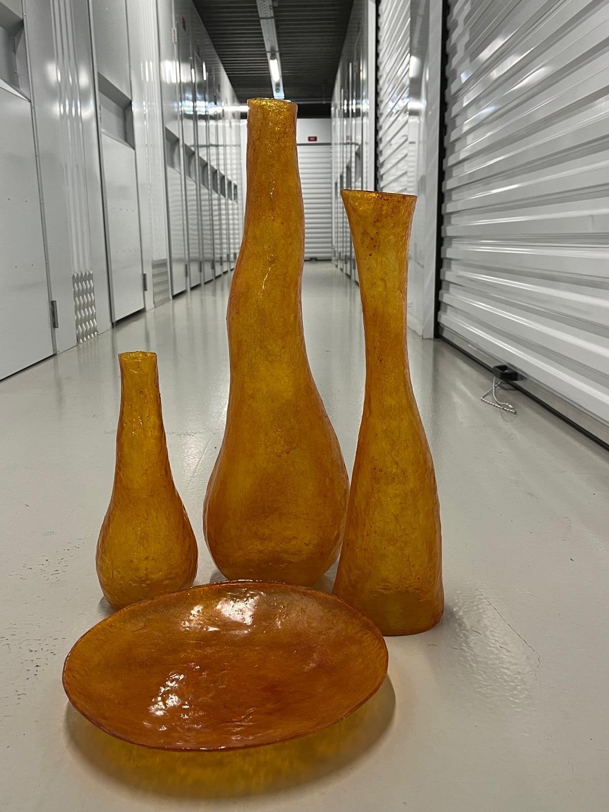 Set van 4 Amberkleurige Hars Vazen en Schaal, Ophalen