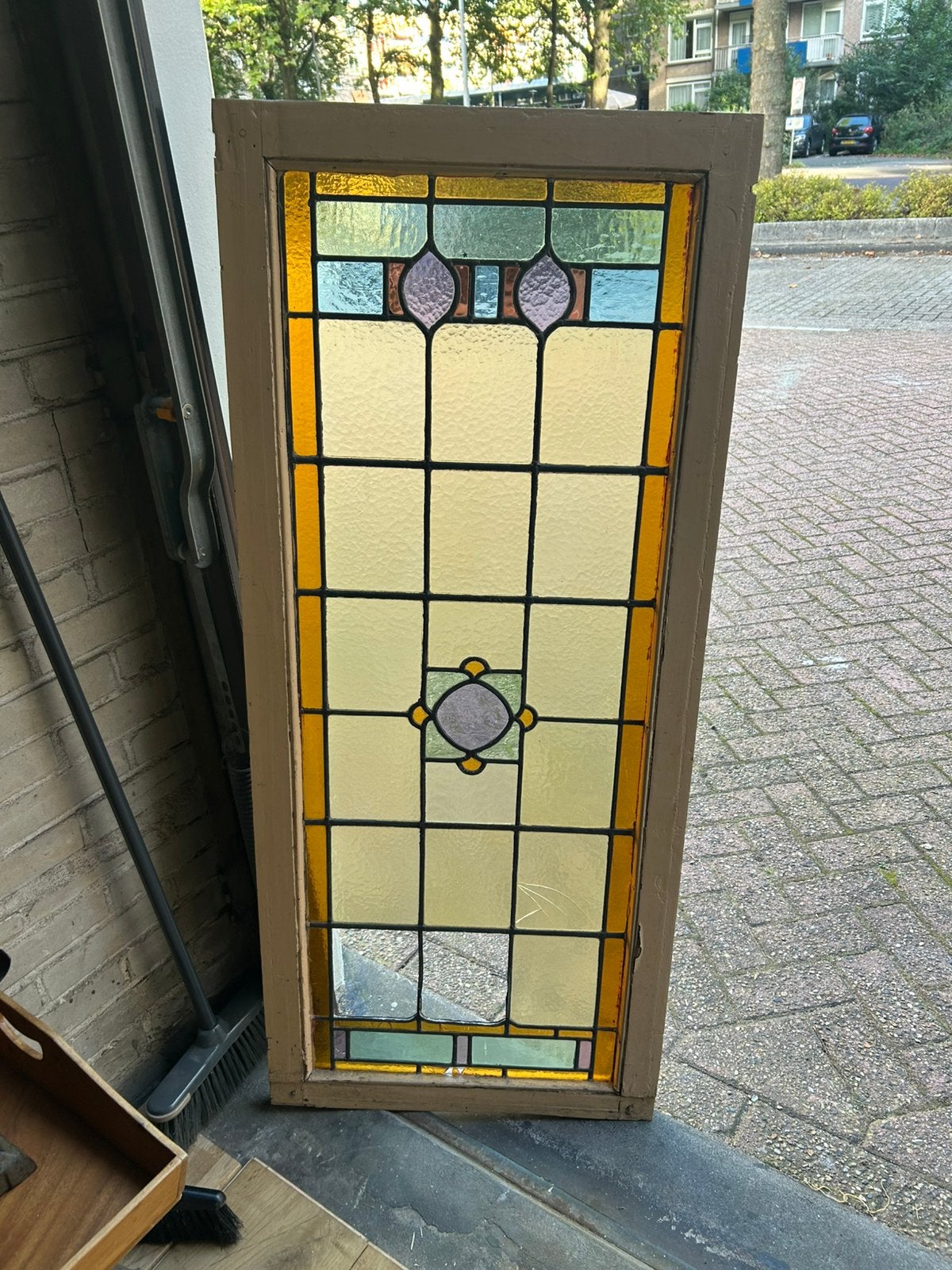 Koopje groot antiek glas in lood raam artdeco opknapper, Ophalen, Gebruikt, Overige typen, Minder dan 80 cm