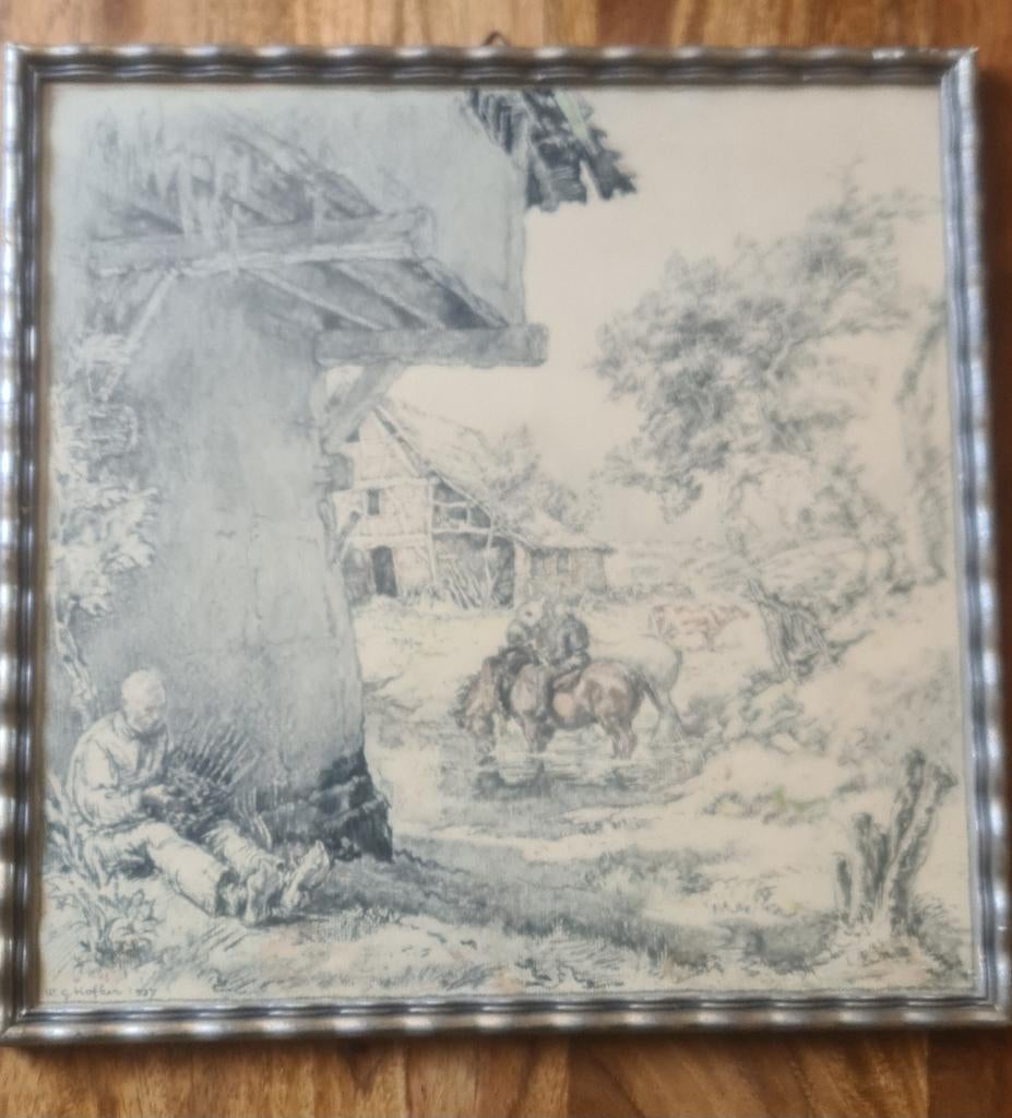 Antieke tekening W.G. Hofker 1937 - Landelijk tafereel, Ophalen