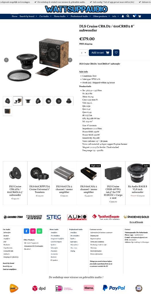 DLS Cruise CR8.D2 / 610CR8D2 8'' subwoofer 20cm /8 inch, Info@optimount.nl, Nieuw, Ophalen of Verzenden, Anholtseweg 48A 7091 HB DINXPERLO