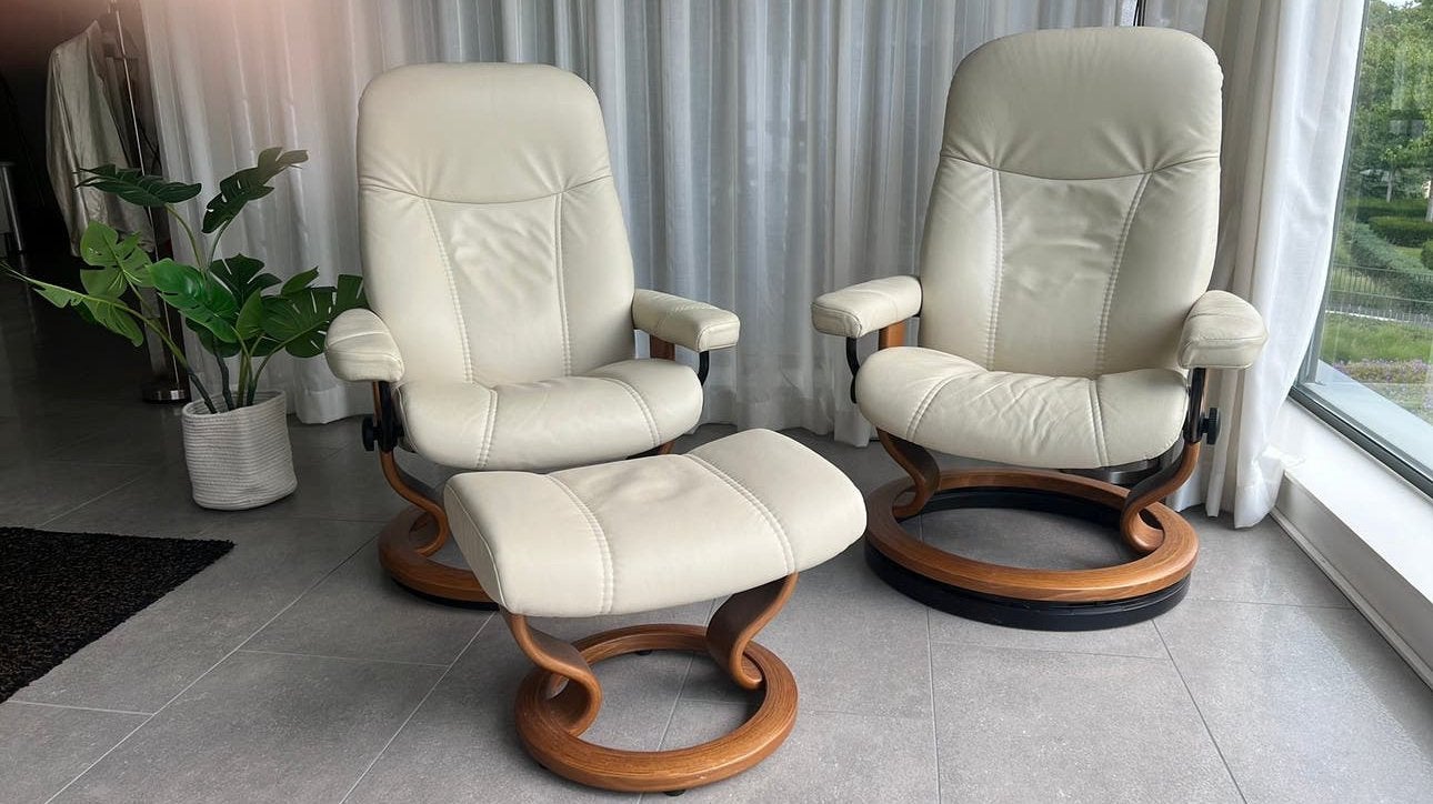 Set Stressless Consul Leren Fauteuil (Maat M) met Hocker, Ophalen, Gebruikt, 50 tot 75 cm, Leer