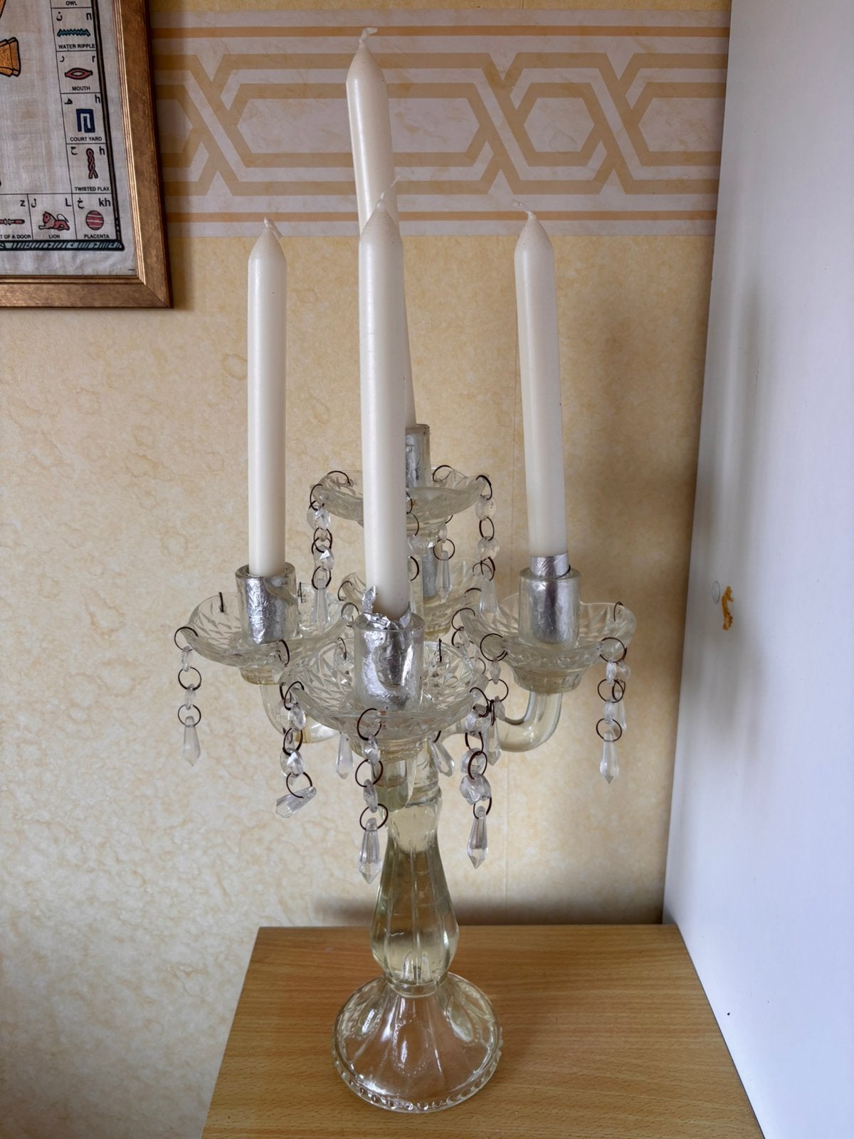 Prachtige glazen 5-armige kandelaar met kristallen druppels, Ophalen of Verzenden, Glas