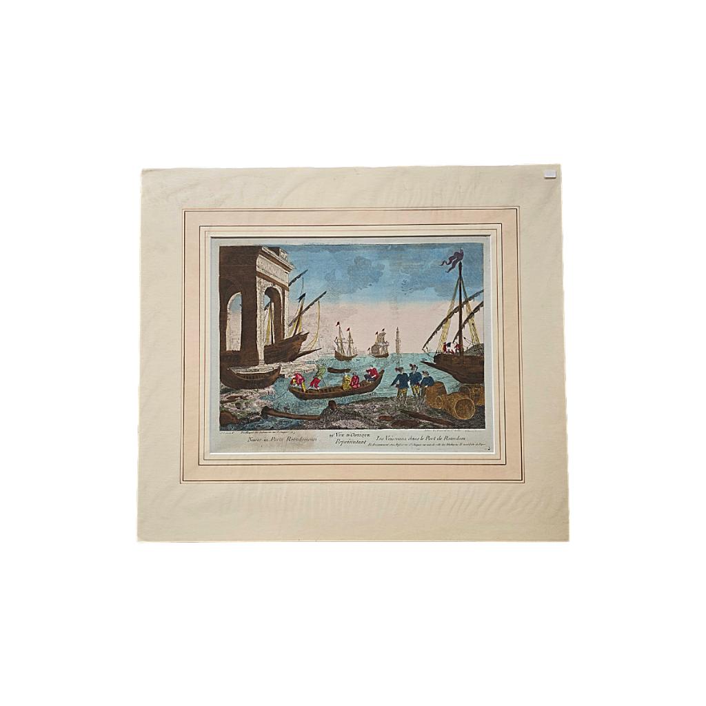 Antieke optica gravure van de Rotterdamse haven, 18e eeuw, Antiek en Kunst, Kunst | Etsen en Gravures, Dagelijks leven, Ophalen of Verzenden